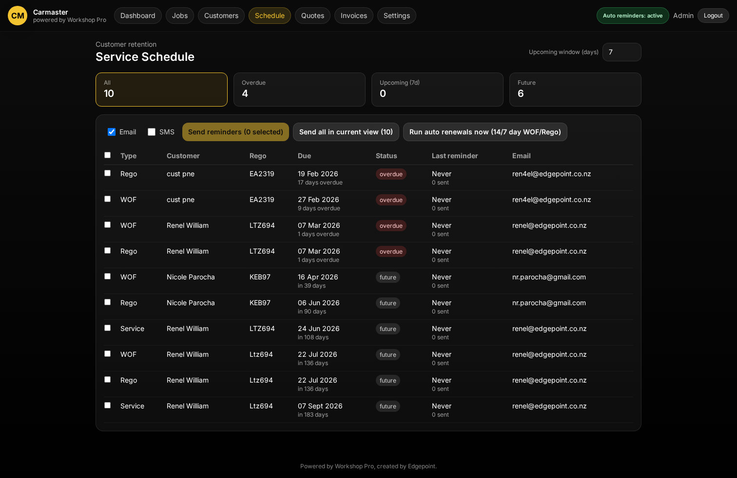 Workshop booking calendar and service schedule