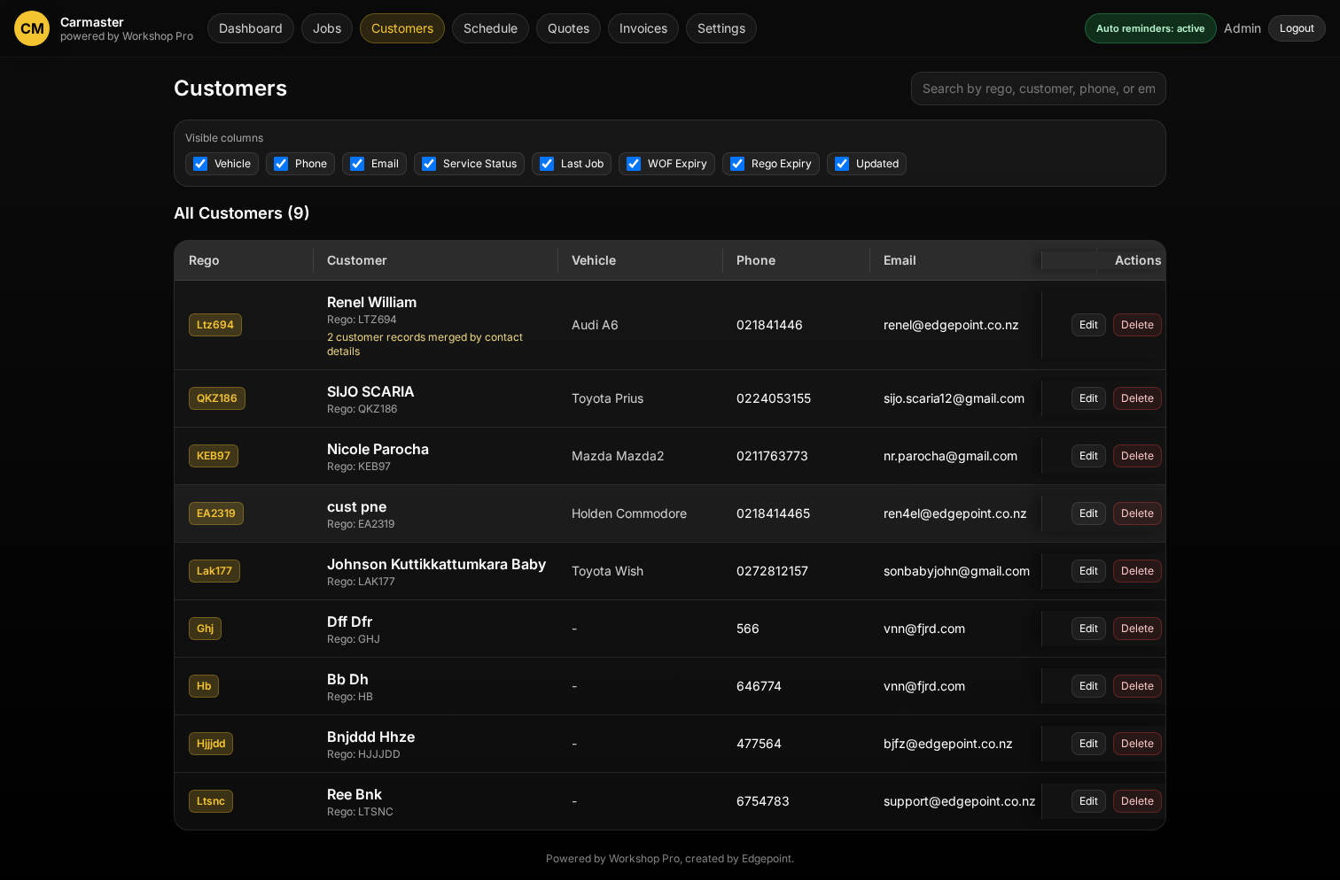 Vehicle history and customers screen