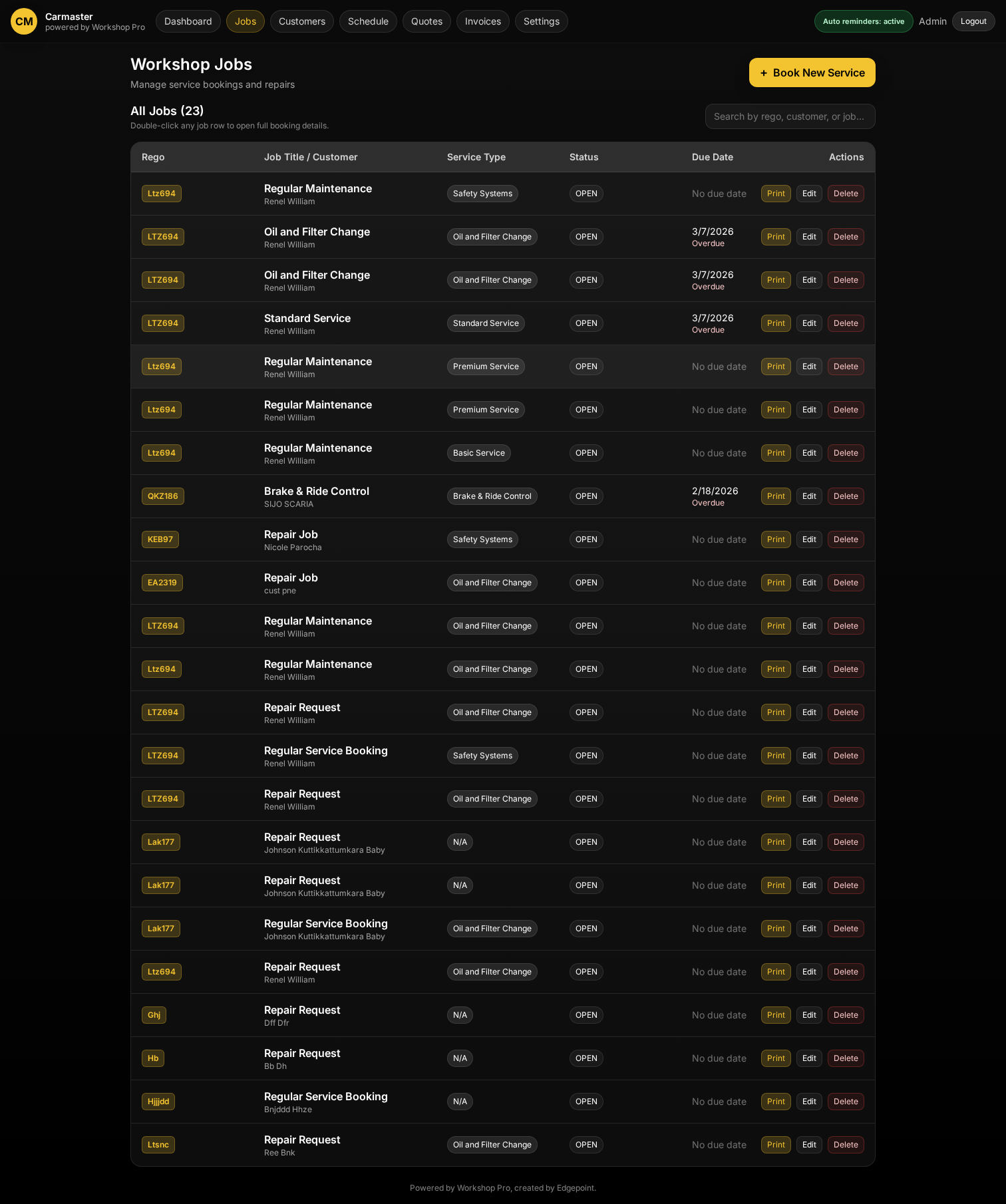 Job dashboard screen